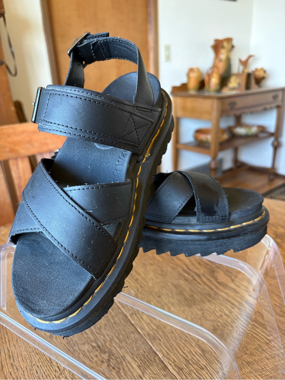 Dr. Martens Voss Black Leather Women’s Sandals with Yellow Stitching Size 6 US